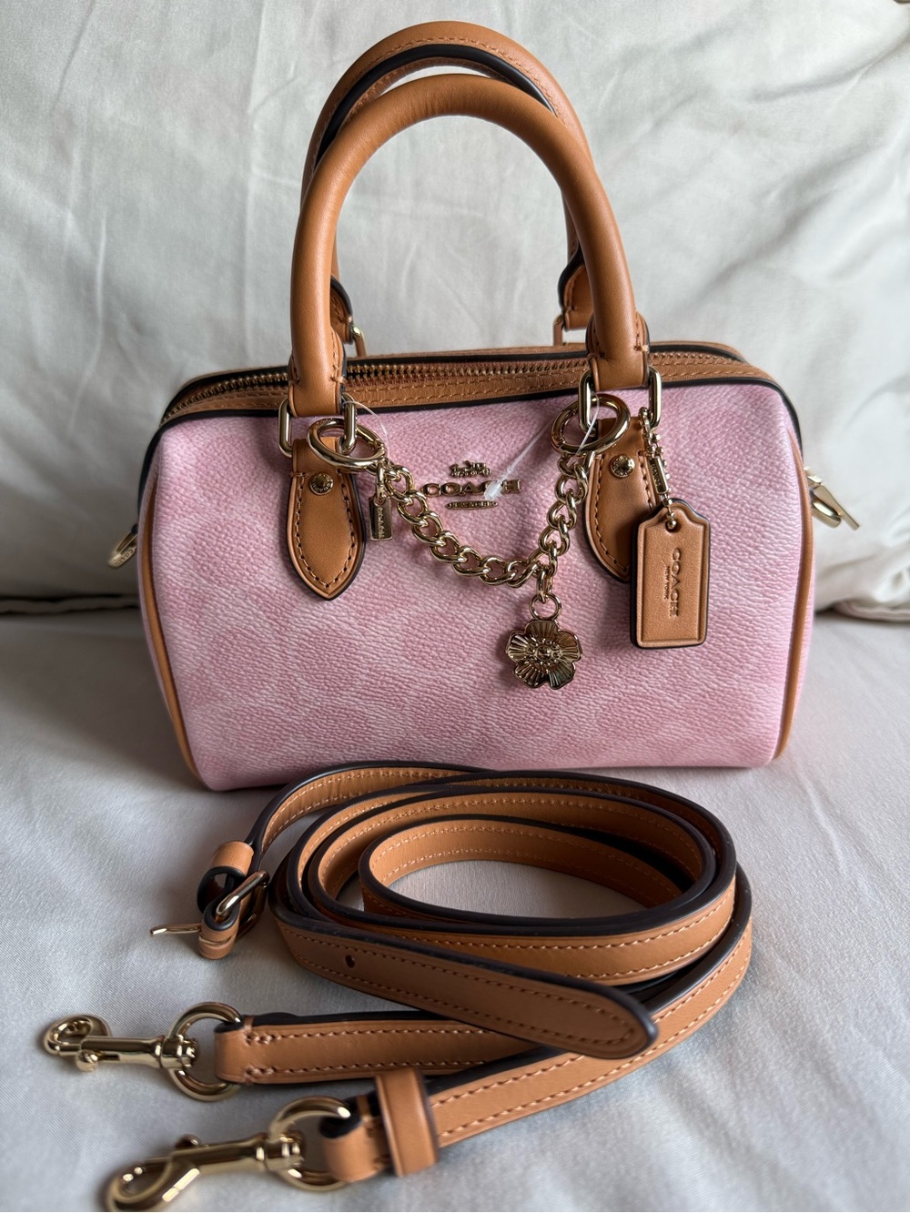Coach Powder Pink Mini Rowan Satchel with Tan Trims